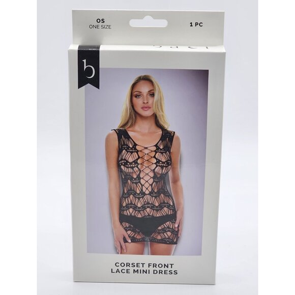 Baci Lingerie Women's One Size 2-14 Black Sheer Corset Front Lace Mini Dress - Picture 2 of 7